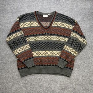 Vintage Sears Mens XL V-Neck Sweater Geometric Fair Isle Knit Grey Rust Orange